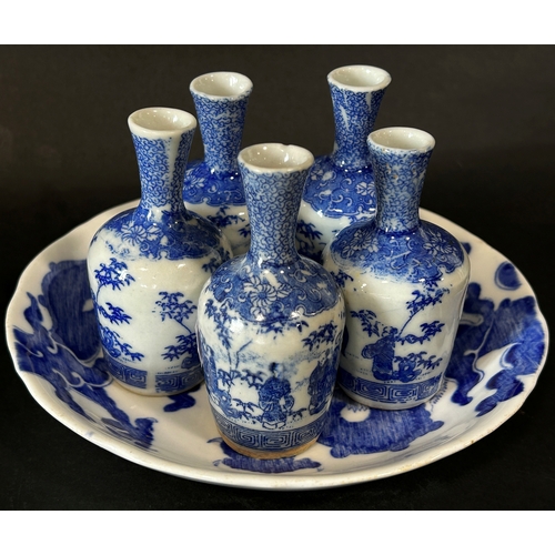 79 - Collection of five miniature oriental blue and white vases, further dragon dish, two bowls, etc (8)