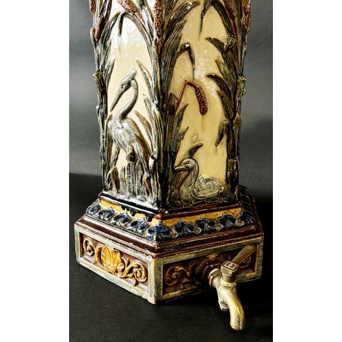 88 - Victorian majolica water filter purifier, the body of hexagonal form with heron and bull rush detail... 