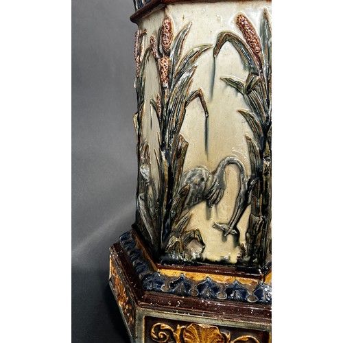 88 - Victorian majolica water filter purifier, the body of hexagonal form with heron and bull rush detail... 