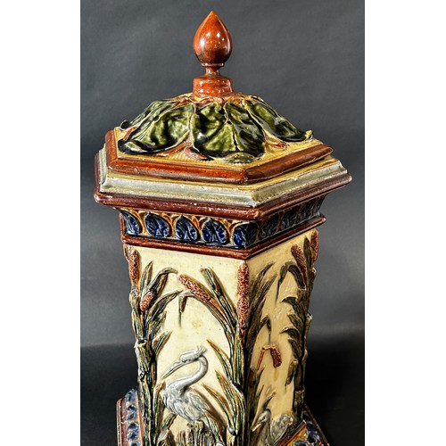 88 - Victorian majolica water filter purifier, the body of hexagonal form with heron and bull rush detail... 