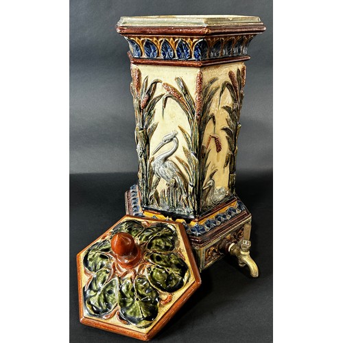 88 - Victorian majolica water filter purifier, the body of hexagonal form with heron and bull rush detail... 