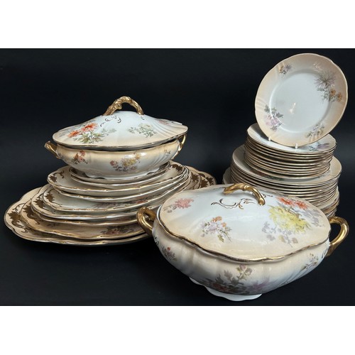 107 - Doulton Burslem floral pattern dinnerware within gilded bands comprising dinner plates, side plates,... 