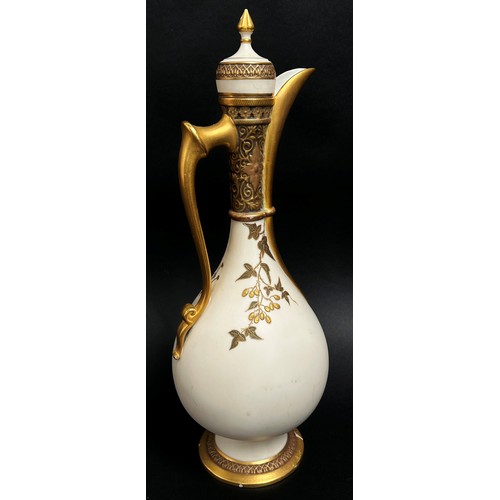 90 - Royal Worcester oviform ewer, the matt white body overlaid in gilt, with shaped handle and spout, co... 