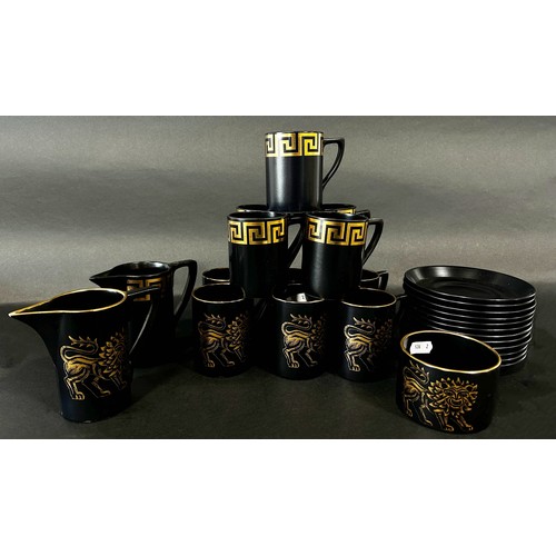 133 - Portmeirion Black and gold tea/coffee wares designed by Susan Williams-Ellis with Greek key and lion... 