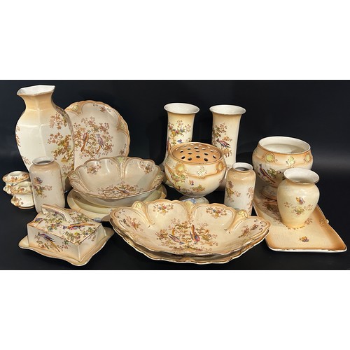 136 - Collection of ceramic Crown Ducal salon wares with exotic bird detail, shaped dishes, vases, dishes ... 