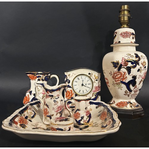 150 - Masons Mandalay china to include an octagonal table lamp, mantle clock, dish, jugs, etc