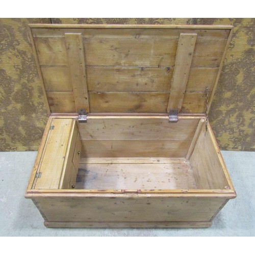 1090 - An antique stripped pine box with hinged boarded lid, 45 cm high x 99 cm wide x 53 cm deep