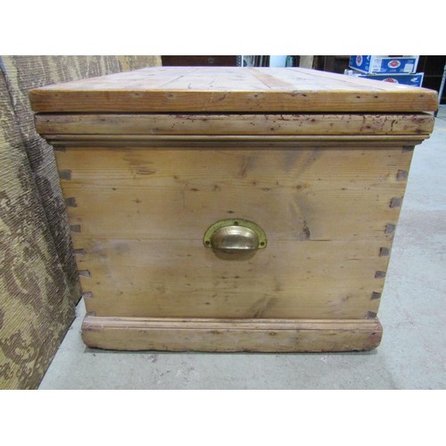 1090 - An antique stripped pine box with hinged boarded lid, 45 cm high x 99 cm wide x 53 cm deep