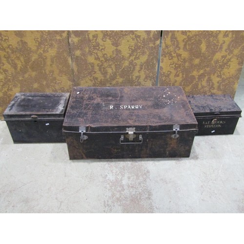 1091 - Two vintage Japanned tin deed boxes, a further tin cash box and trunk (4) (af)