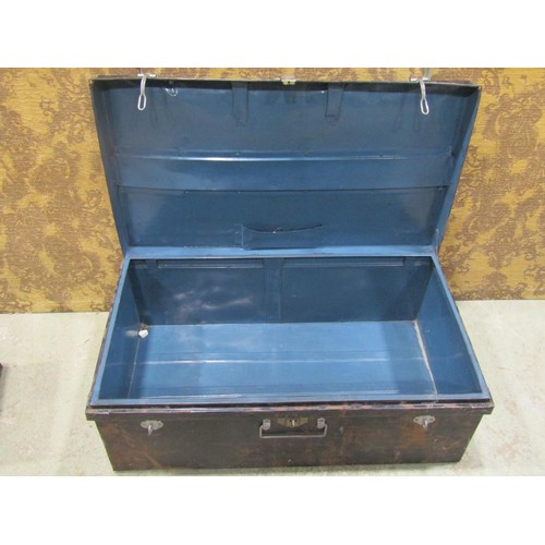 1091 - Two vintage Japanned tin deed boxes, a further tin cash box and trunk (4) (af)