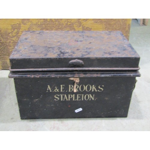 1091 - Two vintage Japanned tin deed boxes, a further tin cash box and trunk (4) (af)