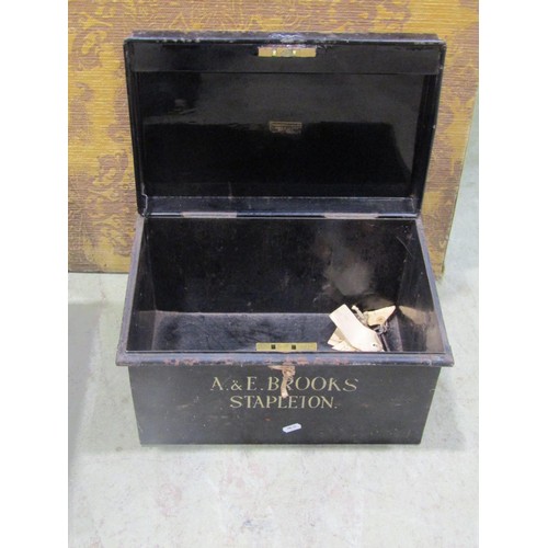 1091 - Two vintage Japanned tin deed boxes, a further tin cash box and trunk (4) (af)