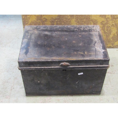 1091 - Two vintage Japanned tin deed boxes, a further tin cash box and trunk (4) (af)