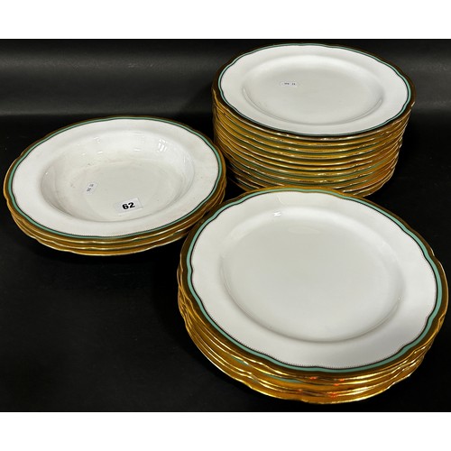 62 - Collection of Copeland tableware comprising 12 dinner plates, 8 soup bowls, all with green and gilt ... 