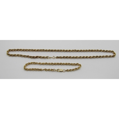 386 - 9ct rope twist chain collar necklace and matched bracelet, 8.8g total