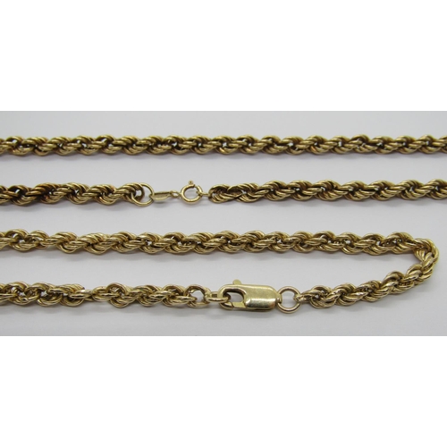 386 - 9ct rope twist chain collar necklace and matched bracelet, 8.8g total