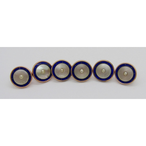 387 - Set of six early 20th century 9ct mother of pearl dress buttons with cobalt blue enamel borders, 8.8... 