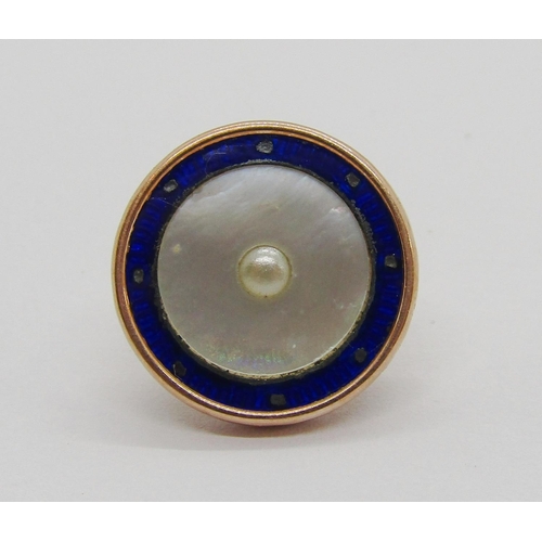 387 - Set of six early 20th century 9ct mother of pearl dress buttons with cobalt blue enamel borders, 8.8... 