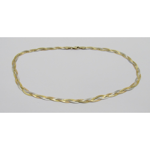 389 - 9k bi-colour woven chain collar necklace, 6.7g