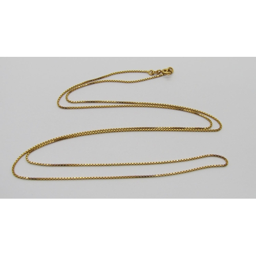 394 - Long 18ct fine box link chain necklace, 71cm L approx, 5.2g