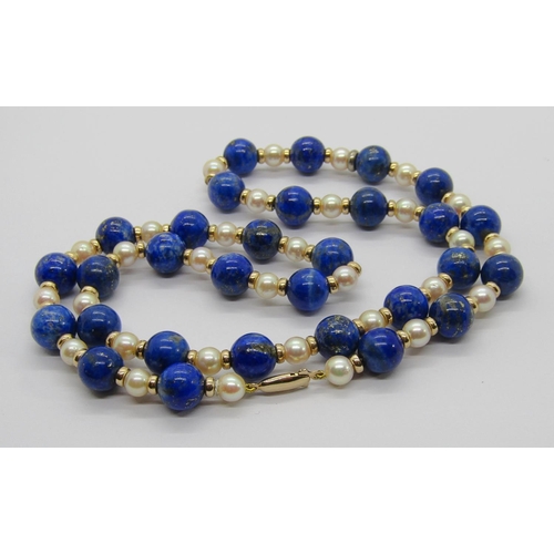 398 - Lapis lazuli, pearl and 9ct rondel bead necklace with 9ct clasp, 60cm L approx