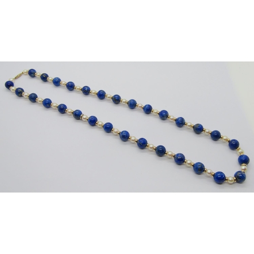 398 - Lapis lazuli, pearl and 9ct rondel bead necklace with 9ct clasp, 60cm L approx