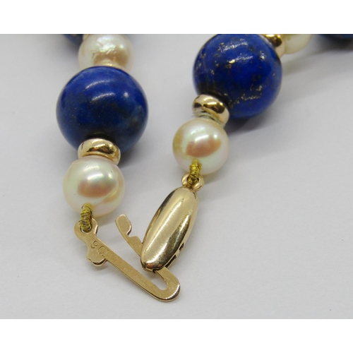 398 - Lapis lazuli, pearl and 9ct rondel bead necklace with 9ct clasp, 60cm L approx