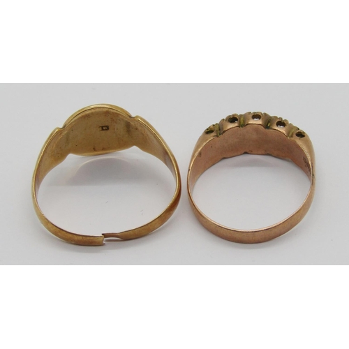 402 - Two Edwardian gold rings; an 18ct signet ring and a 9ct five stone ring (both af)