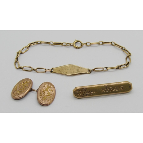 404 - Group of jewellery comprising a 9ct identity bracelet, 4.1g, a single 9ct cufflink, 1.4g and a gilt ... 