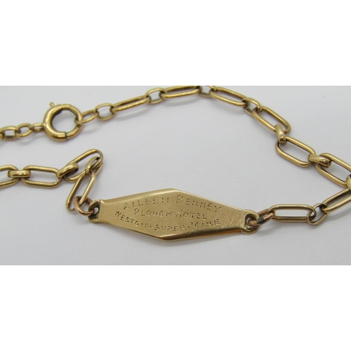 404 - Group of jewellery comprising a 9ct identity bracelet, 4.1g, a single 9ct cufflink, 1.4g and a gilt ... 