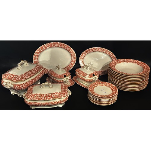 141 - Royal Worcester dinnerware with repeating red ground floral detail including tureens, soup plates, s... 