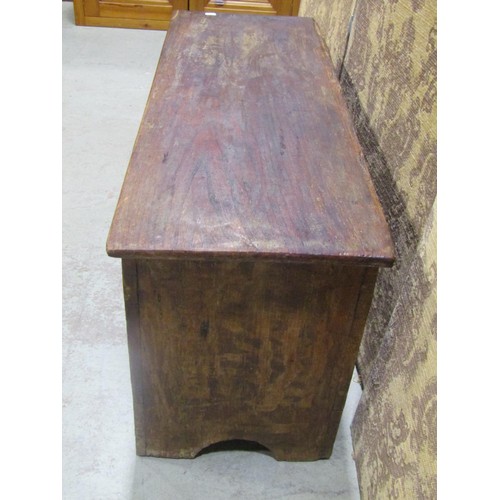 1135 - A simple antique elm countrymade boarded coffer with hinged lid, steel lock plate and bracket shaped... 