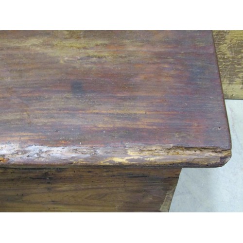 1135 - A simple antique elm countrymade boarded coffer with hinged lid, steel lock plate and bracket shaped... 