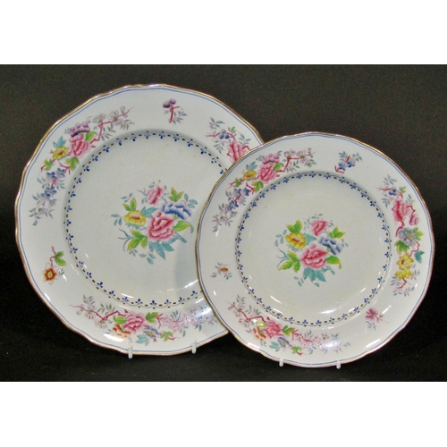 146 - Quantity of 19th century floral dinner plates with blue and gilded band, comprising dinner and side ... 