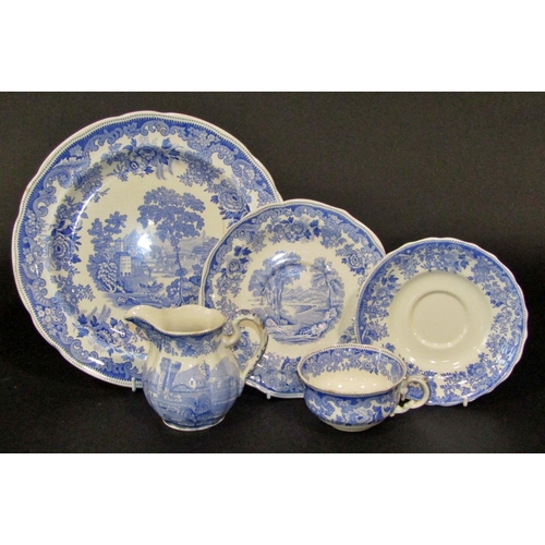 146 - Quantity of 19th century floral dinner plates with blue and gilded band, comprising dinner and side ... 