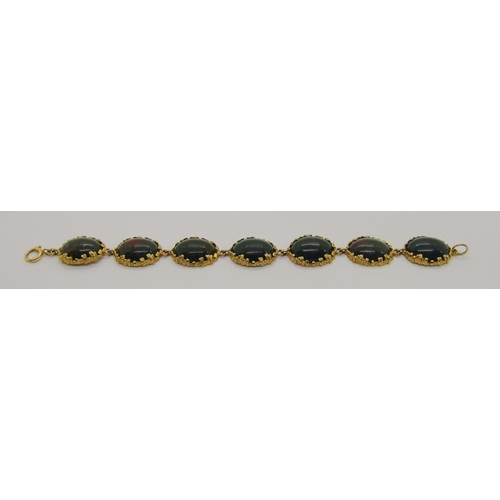 346 - Stylised vintage 9ct bracelet set with seven oval cabochon bloodstones, 18.5cm L approx, 24.8g