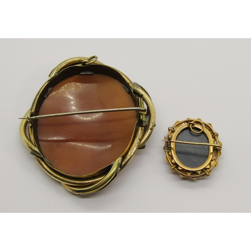 349 - Small 19th century yellow metal hardstone cameo brooch / pendant, the seed pearl set frame intersper... 