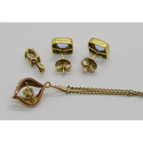 361 - Group of modern yellow metal gem set jewellery comprising a stylised pendant necklace set with a whi... 