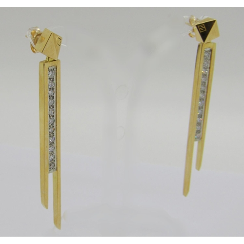 363 - Pair of stylised contemporary 18ct asymmetrical drop earrings set with a line of diamonds, 5.4cm L a... 