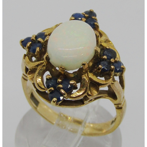 364 - Vintage 9ct cabochon opal and sapphire cluster quatrefoil dress ring, size M, 5.2g