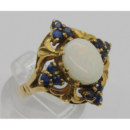 364 - Vintage 9ct cabochon opal and sapphire cluster quatrefoil dress ring, size M, 5.2g