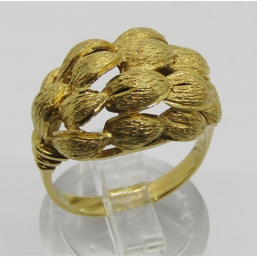 369 - Gold bombe ring with textured finish, foreign stamps to outer shank, size M, 5.7g