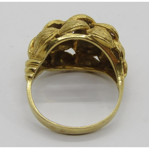 369 - Gold bombe ring with textured finish, foreign stamps to outer shank, size M, 5.7g