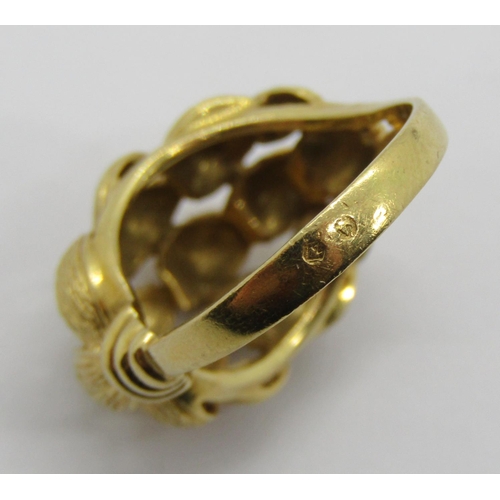 369 - Gold bombe ring with textured finish, foreign stamps to outer shank, size M, 5.7g