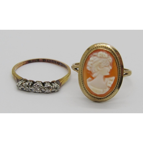 381 - 1930s 18ct five stone diamond ring, shank stamped 'Welsh Gold', size K/L, 1.8g and a 1990s 9ct cameo... 