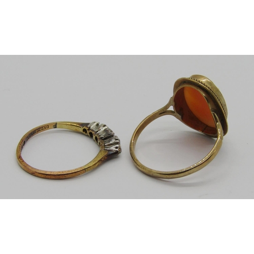 381 - 1930s 18ct five stone diamond ring, shank stamped 'Welsh Gold', size K/L, 1.8g and a 1990s 9ct cameo... 