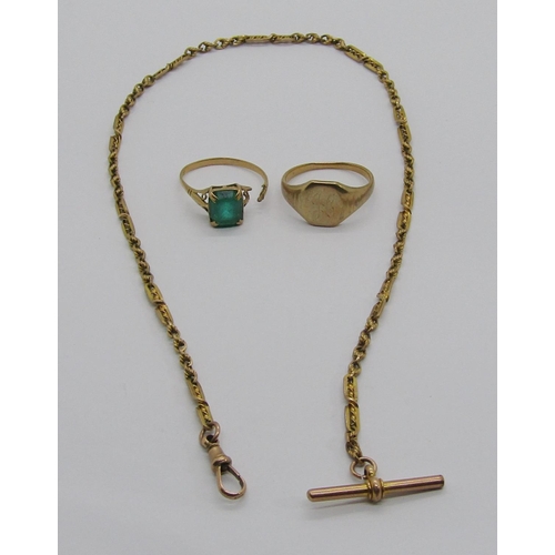 382 - Group of jewellery comprising a 9ct signet ring, 4.6g, a 9ct dress ring (af), 2.1g and a gilt metal ... 