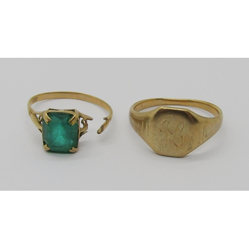 382 - Group of jewellery comprising a 9ct signet ring, 4.6g, a 9ct dress ring (af), 2.1g and a gilt metal ... 