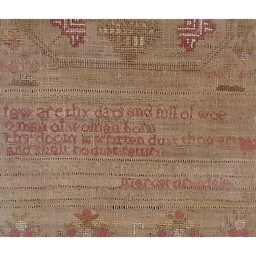 709 - 19th Century needlework sampler by Margret Drysdale, with the alphabet and numbers above and a relig... 