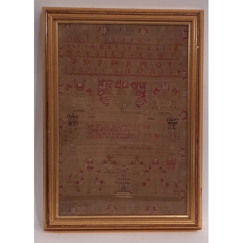 709 - 19th Century needlework sampler by Margret Drysdale, with the alphabet and numbers above and a relig... 